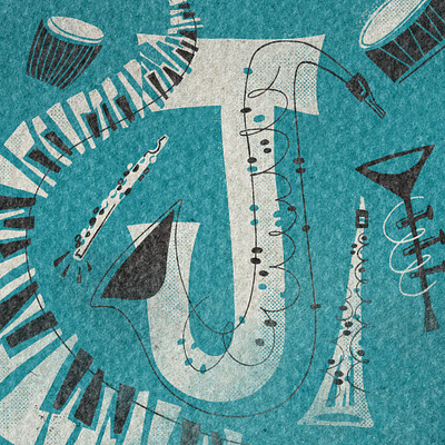 J is for jazz - 36 days of type 36 days design illustration instruments j jazz keys music piano play sax texture trumpet type typography