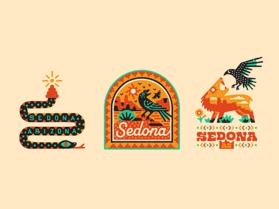 Sedona arizona badge cliffs day night desert folk icon javelina rattlesnake raven red rocks retro sedona southwestern vector