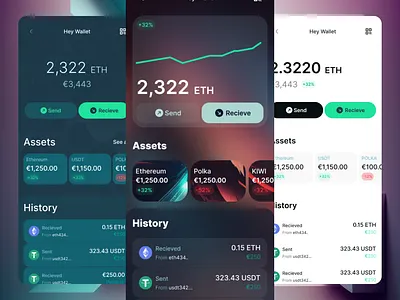 Different UI's for different demographics app design crypto crypto app crypto app design crypto wallet dark green light product design simple simple app design uiux user experience ux ux design web3