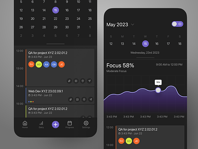 Project Management & Productivity Mobile App aha app calendar dark mode employee employee scheduling jira mobile monday night mode product design productivity productivity app project management saas schedule planner scheduling time tracking ui ux