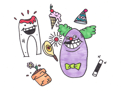 2 Teeth bloody tooth bow tie cartoon character cherry clown cracked pot flower flower pot game ice cream ice cream cone illustration magic magic wand markers paddle board party party hat teeth