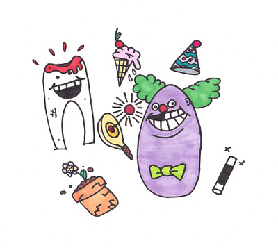 2 Teeth bloody tooth bow tie cartoon character cherry clown cracked pot flower flower pot game ice cream ice cream cone illustration magic magic wand markers paddle board party party hat teeth