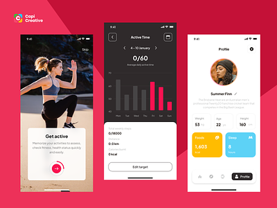Fitness - Mobile App UI Concept active app app design balance creative dashboard design fitness gym health healthy mobile mobile app popup profile tracking ui ui concept ui design yoga