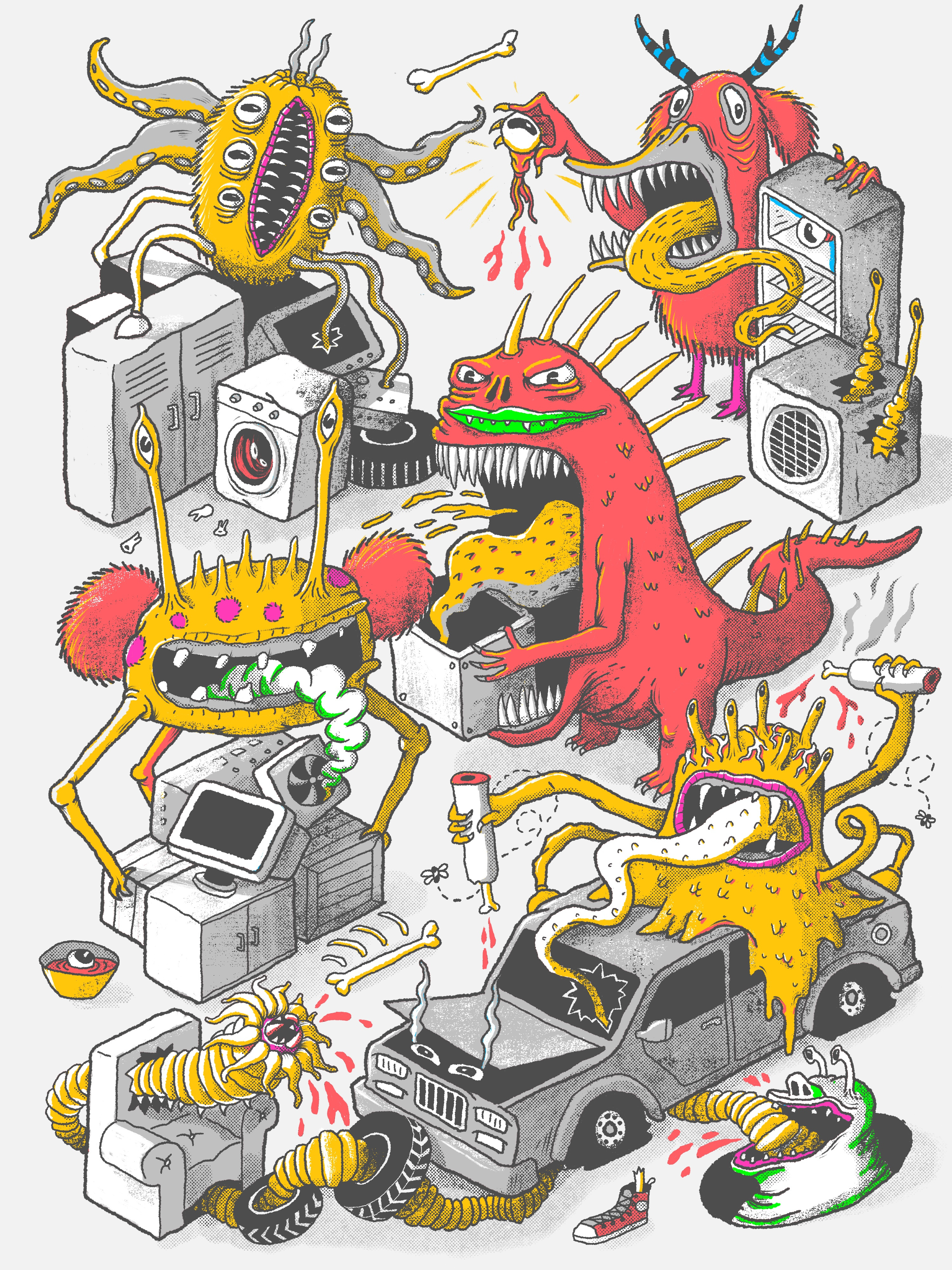 Monster Junkyard cartoon character character design doodle furry hybrid illustration junkyard monster slime teeth texture