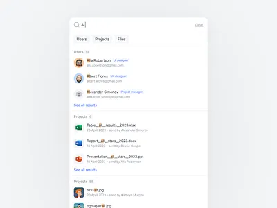Search modal chat clean ui files filters find finder live search modal product design saas component saas modal saas search search search bar search results semiflat smart search spotlight ui ux