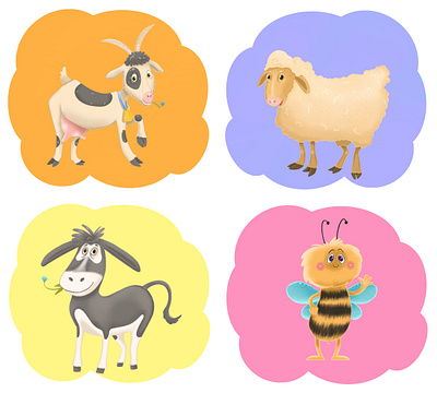 Educational cards for children (onomatopoeia) animal bee charactersdesign childrensbookillustrator cute design donkey ecology face goat graphic design illustration illustrator sheep