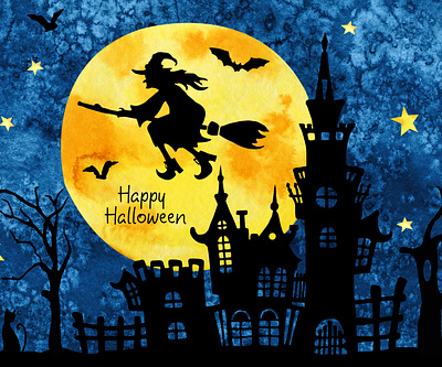 Black Halloween silhouettes, scene creator background bat black blue broom castle fear fortress halloween hand drawn happy horror scene creator silhouettes textured watercolor witch yellow