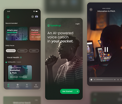 Speakup Concept black brown dark gradient green music singing spotify ui video vocal coach