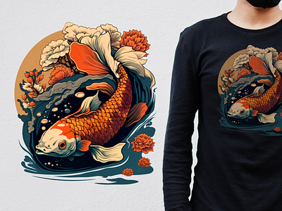 Koi carp fish in old asian style animal cartoon comic design flat graphic design illustration koi pond print