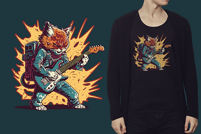 Cat Guitarist animal cartoon comic design electric guitar flat graphic design illustration print