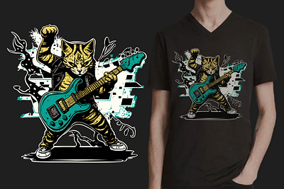 Cat Guitarist animal cartoon comic design electric guitar flat graphic design illustration print