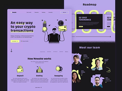 Newake – Cryptocurrency Landing Page animation blockchain crypto cryptocurrency deposit grain how it works illustration landing page motion graphics nft roadmap shapes showreel staking swapping tokenomic ui vector wallet