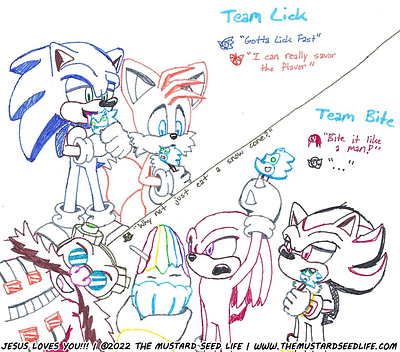 Sonic Ice Cream: Team Lick vs. Team Bite characters eggman fan art fanart ice cream illustration jesus loves you!!! knuckles knuckles the echidna markers shadow shadow the hedgehog sonic sonic the hedgehog stylized tails the mustard seed life traditional