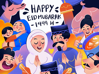 Eid Mubarak Card digital art drawing eid al fitr eid celebration eid mubarak family graphic design greeting card hari raya idul fitri illustration lebaran mosque