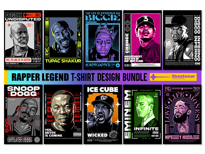 Rapper Legend T-shirt Design Bundle - Streetwear best rapper music vector rapper bundle