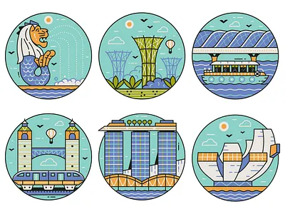 Singapore Travel Icons emblems flat design gardens icons illustration landmarks line line art marina bay merlion places singapore symbols travel traveling