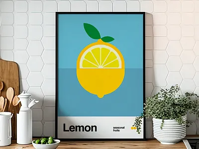 Lemon - Seasonal Fruits bauhaus fruits graphic design helvetica home decor illustration kitchen lemon minimal minimalist poster poster design print redbubble society6 vector