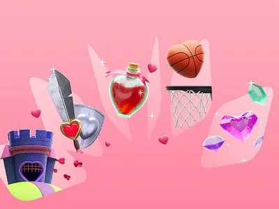 Apple App Store Holiday Series - Valentine's Day 3d app store apple basketball bright castle character colour design fun games gem illustration king like love pink purple queen red