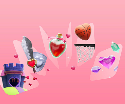 Apple App Store Holiday Series - Valentine's Day 3d app store apple basketball bright castle character colour design fun games gem illustration king like love pink purple queen red
