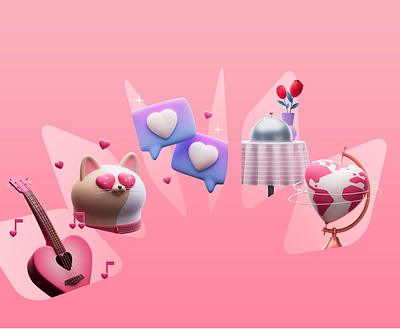 Apple App Store Holiday Series - Valentine's Day 3d animal bright cat character colour day of love design fun fun design globe guitar hearts icon icons illustration love lover pink