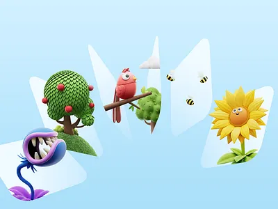 Apple App Store Holiday Series - Spring Day 3d bees bird blue bright character colour colourful cool design illustration love plant sunflower trees