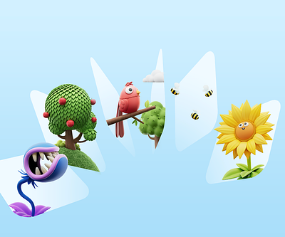 Apple App Store Holiday Series - Spring Day 3d bees bird blue bright character colour colourful cool design illustration love plant sunflower trees