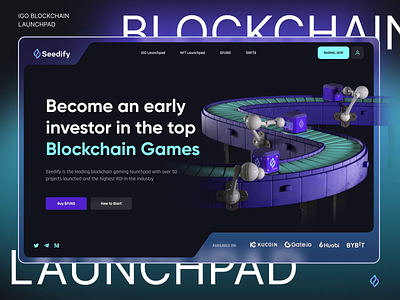 Seedify Launchpad Header Animation 3d animation blockchain conveyor conveyor belt crypto decentralized factory fund games gaming homepage igo industry invest launchpad machine nft robot robot hand web3