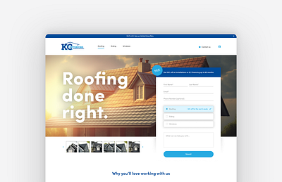 Roofing company landing page blue branding cards construction design digital design forms graphic design roofing rotator siding typography ui ux white space windows