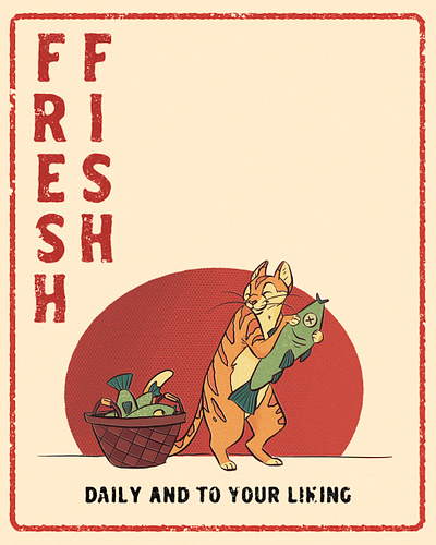 Fresh Fish cat character graphic design illustration poster vintage