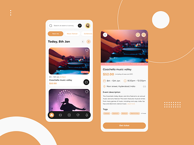 Event booking app - Cocoa booking app cochella cocoa design event app event ticket booking exhibition ios light minimal mobile mobile app modern music simple sleek ticket booking ui