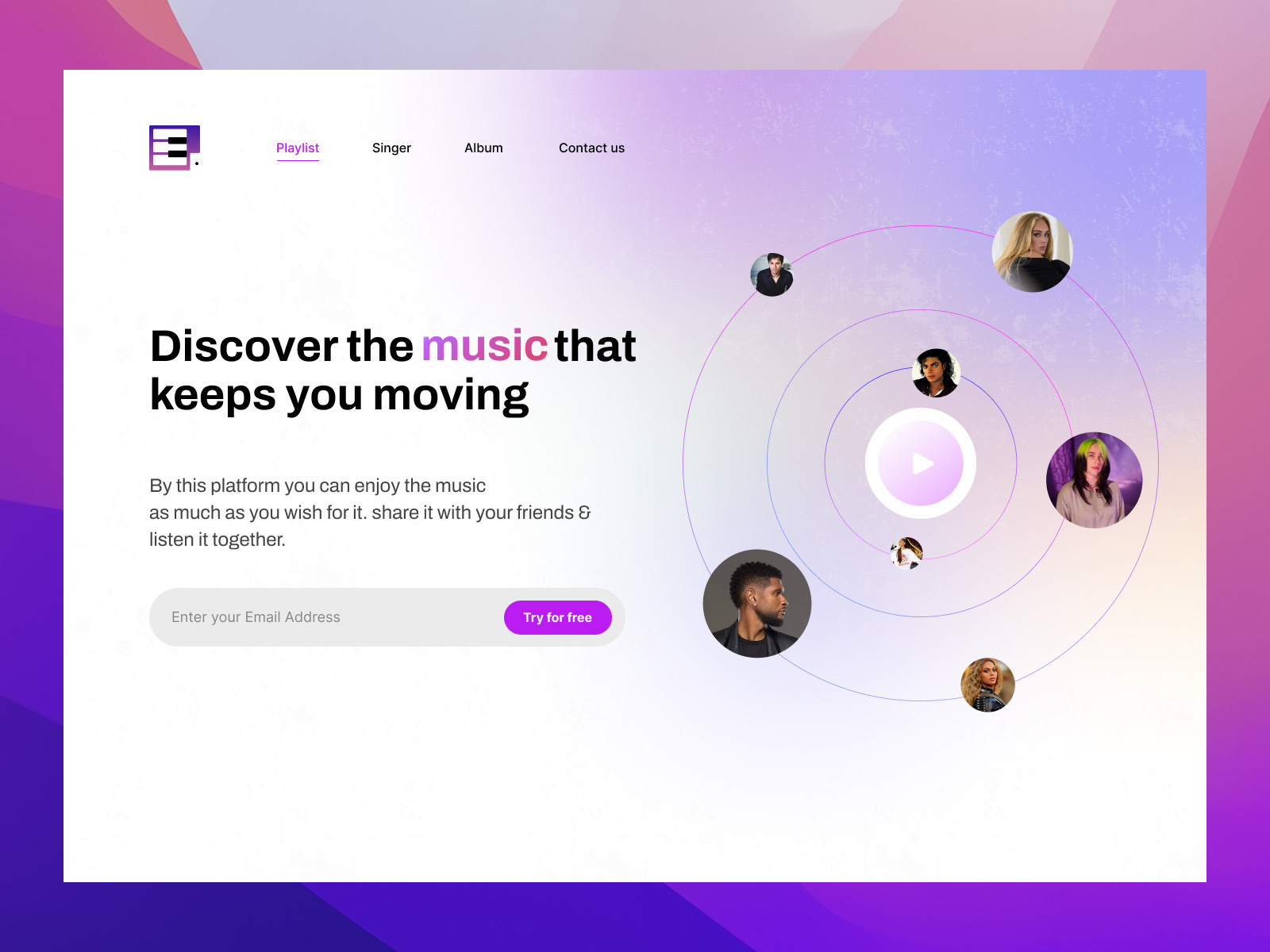 Music Landing Page ai animated landing animation concept design figma gradient hero design hero section landing page landing page design light mode music music website ui website design