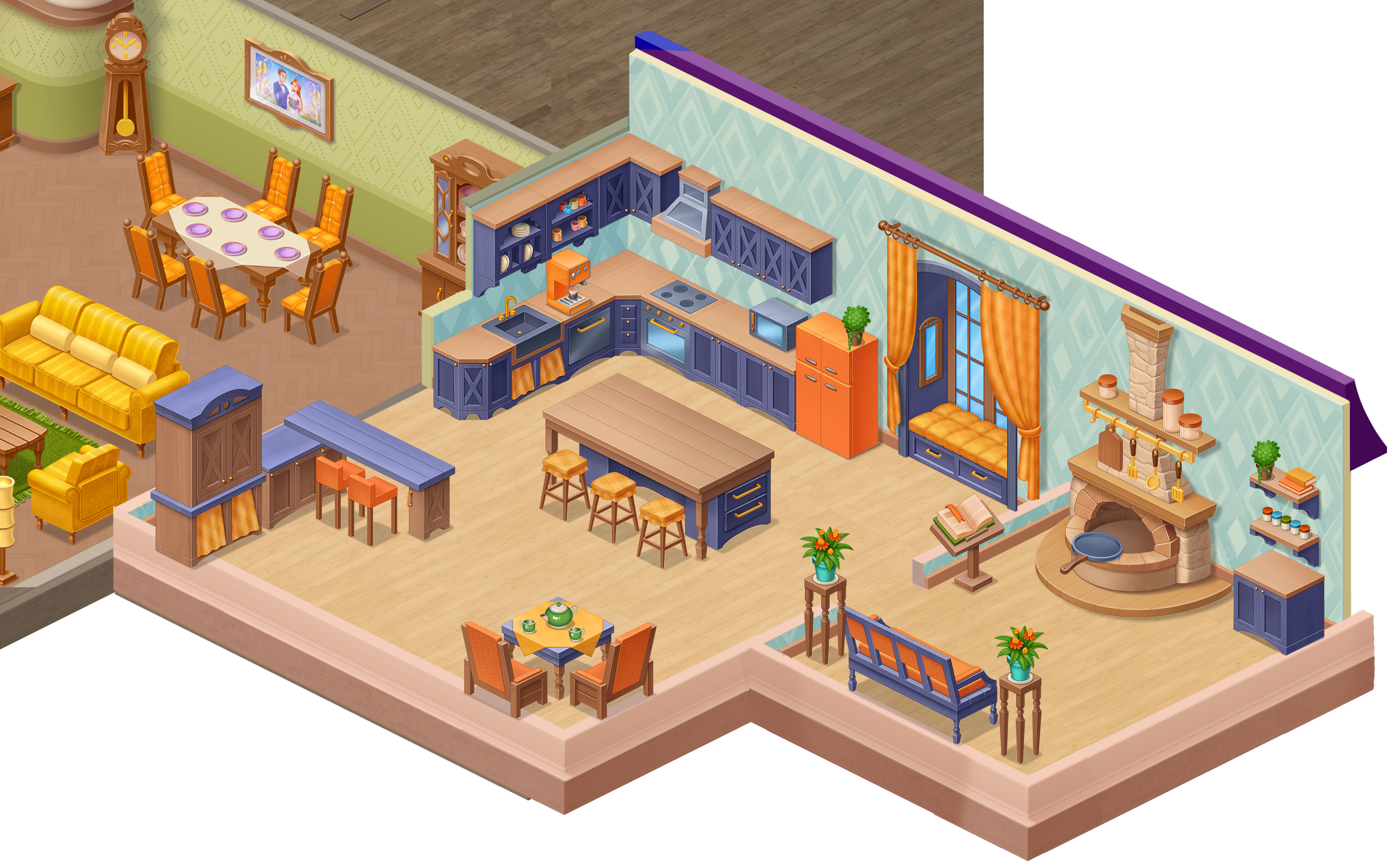 Isometric Kitchen 2D Game Art 2d art casual design dining room furniture game hall illustration interior isometric kitchen living room table