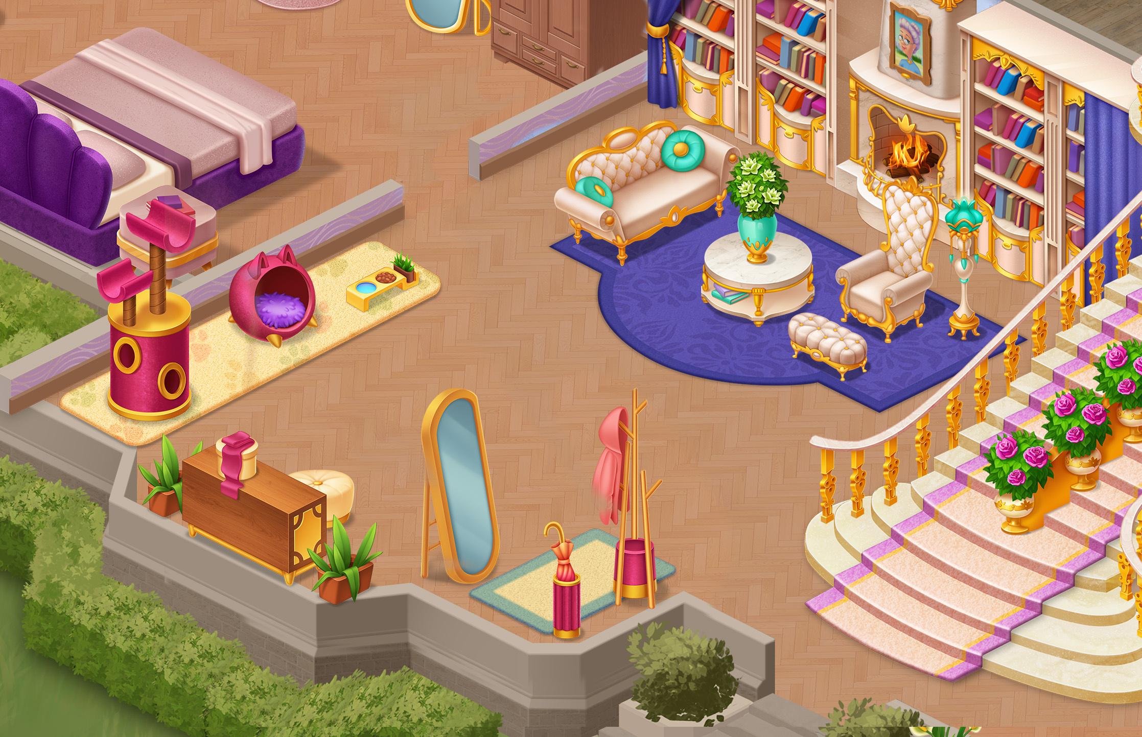 Isometric Hall and Library 2D Game Art background bg books casual fireplace furniture game hall illustration interior isometic liblary