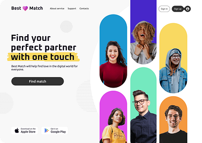 Dating service app best match branding dating dating app design desktop info page logo match relation sign up typography ui web