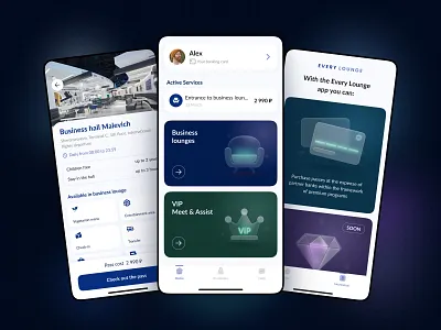 Every Lounge app blue branding glass style glassmorphism illustration lounge mobile travel ui ux