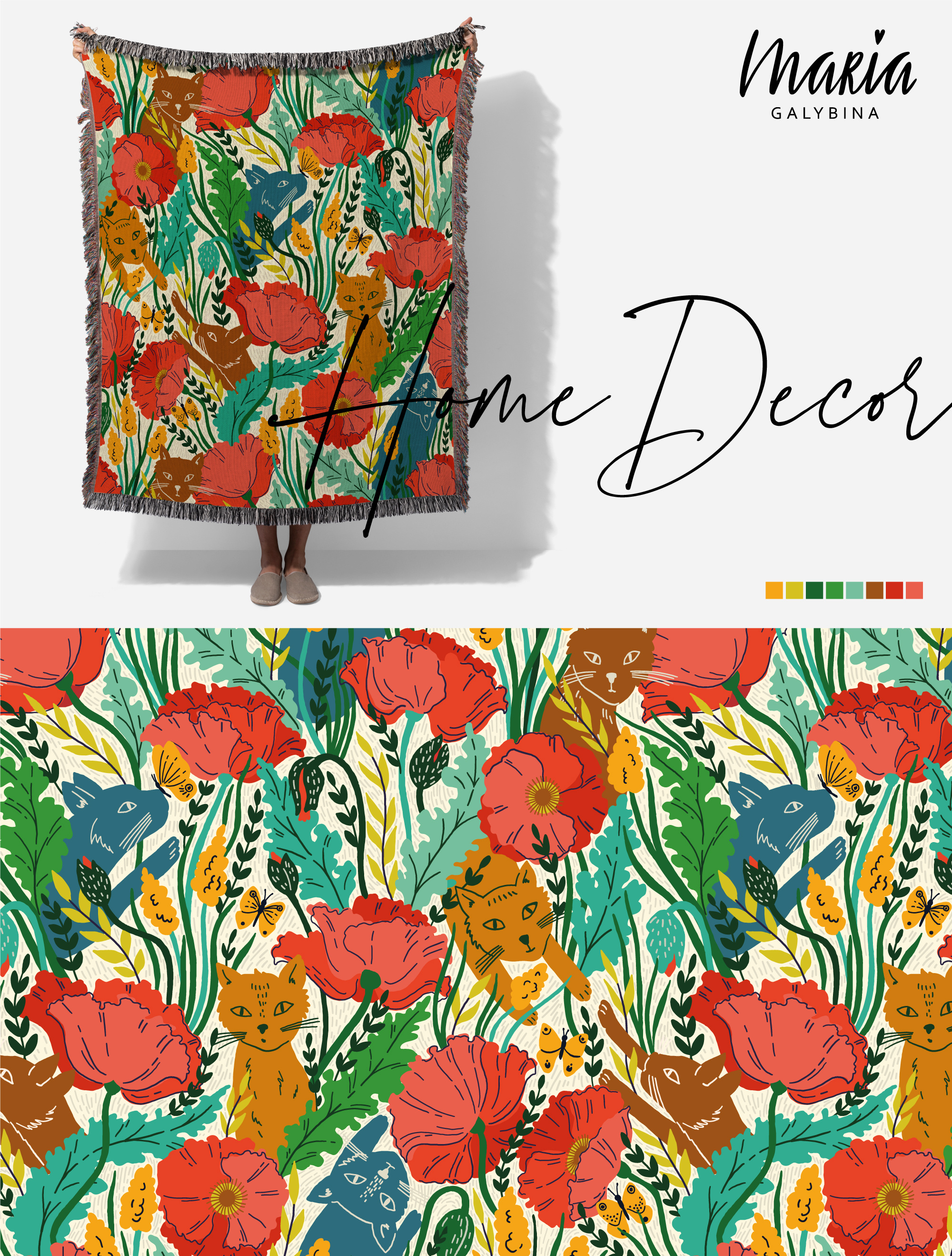 PLAYING IN THE POPPY FIELD cat illustration cats colorful design digital pattern floral flower for sale graphic design illustration pattern poppies poppy flower seamless seamless pattern surface design vector