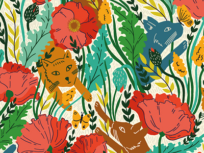 PLAYING IN THE POPPY FIELD cat illustration cats colorful design digital pattern floral flower for sale graphic design illustration pattern poppies poppy flower seamless seamless pattern surface design vector