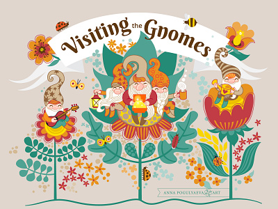 Visiting the Gnomes. Design for textile annapogulyaeva art characters fabric fabric design fairy tale floral pattern gnomes graphic design illustration kids fashion ornament textile design textile designer