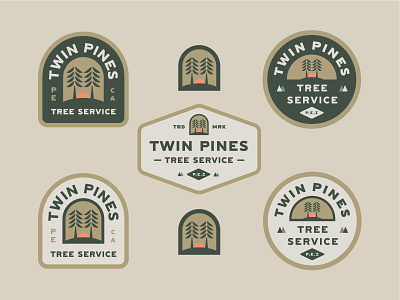 Twin Pines Badge Options (Rejected) adventure badge branding graphic design iconography landscaping logo logo design logo designer outdoors patch patch design pine tree icon pine tree illustration spruce tree travel trees