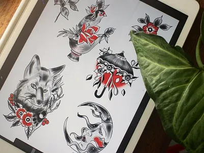 Flash Tattoo animal art artist bird black work black work tattoo design digital art flash tattoo flower fox hand drawn illustration illustration art leaf procreate
