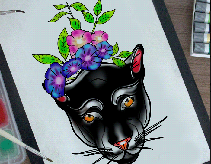 Panther Illustration animal art artist blackwork design digital art flowers illustration illustration art leafs panther pantherillustration procreate sketchbookpro tradicional tattoo