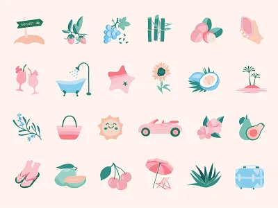 Bare August Brand Icons august beach brand identity branding feminine fun icon design icons illustration logo modern packaging design retro self care skincare summer vacation vintage