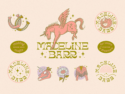 Madeline Barr badge branding cowboy disco funky glitter hand drawn horseshoe identity illustration logo logotype pegasus photographer rainbow secondary skull unicorn wedding western