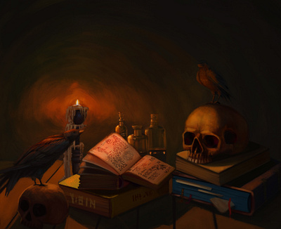 The wizard's notes: an illustration of a wizard's desk in a fant art black magic bottle candle crow dark dark art desk fantasy illustration magus office old book skull