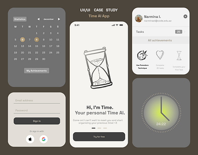 Time AI Case Study - IOS App achievements calendar case study cookie pastel colors pomodoro sign in time management timer ui uxui