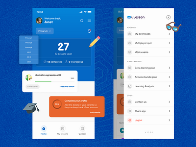 Ulesson app: Homescreen and Side Menu design edtech figma product ui