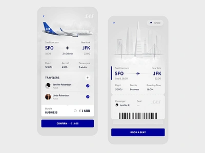 SAS Itinerary UI exploration by milkinside aircraft airline blue book booking city clean fly itinerary jfk sas scandinavian sweden ticket travel trip ui ux welcome white