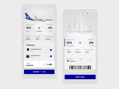 SAS Itinerary UI exploration by milkinside aircraft airline blue book booking city clean fly itinerary jfk sas scandinavian ticket travel trip ui ux welcome white