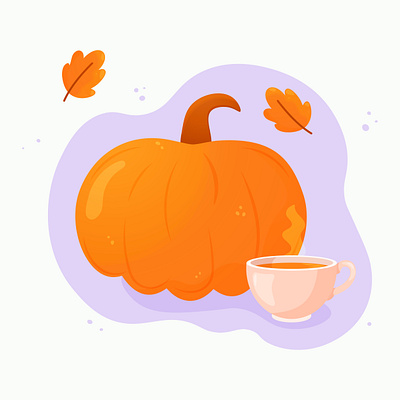 Pumpkin and cup of a spicy tea cozy drink flat hot illustration orange print pumpkin stylized tea vector