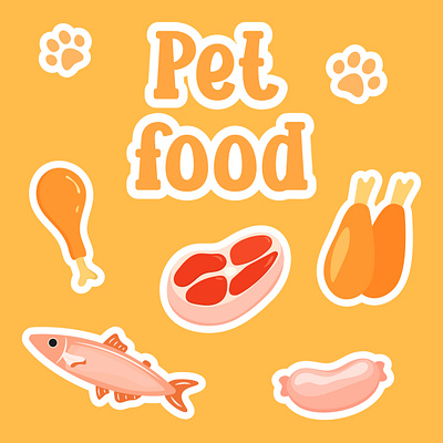 Various pet food ingredients cartoon fish food illustration ingredients meat pet stickers vector